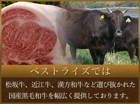ベストライズでは松阪牛、近江牛、漢方和牛など選び抜かれた国産黒毛和牛を幅広く提供しております。